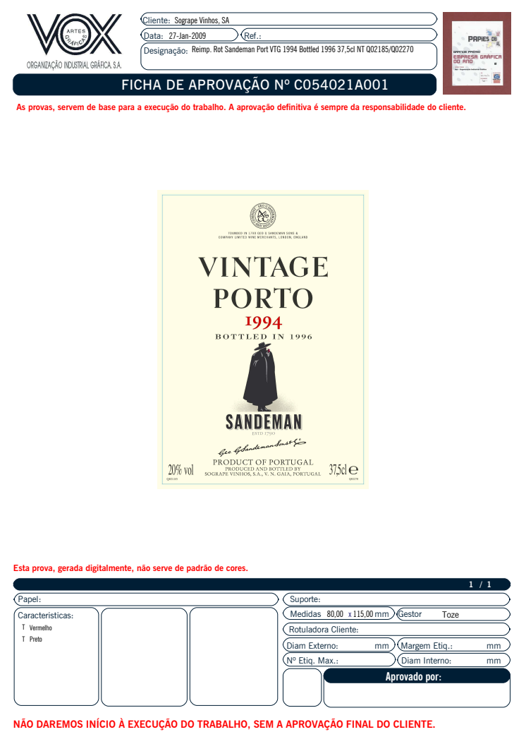 Sandeman Vintage Porto 1994 etiketti