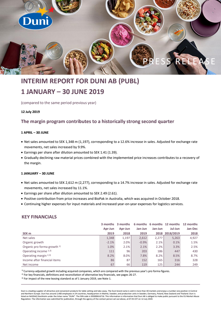 Interim Report for Duni AB (publ) 1 January - 30 June 2019