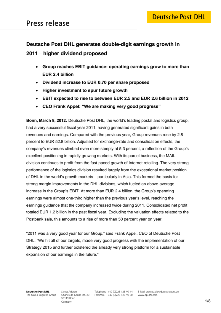 Tvåsiffrig vinsttillväxt för Deutsche Post DHL under 2011