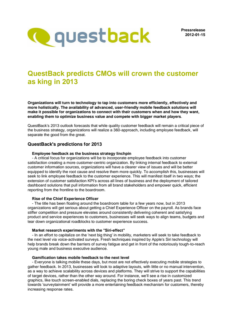 QuestBack predicts CMOs will crown the customer as king in 2013