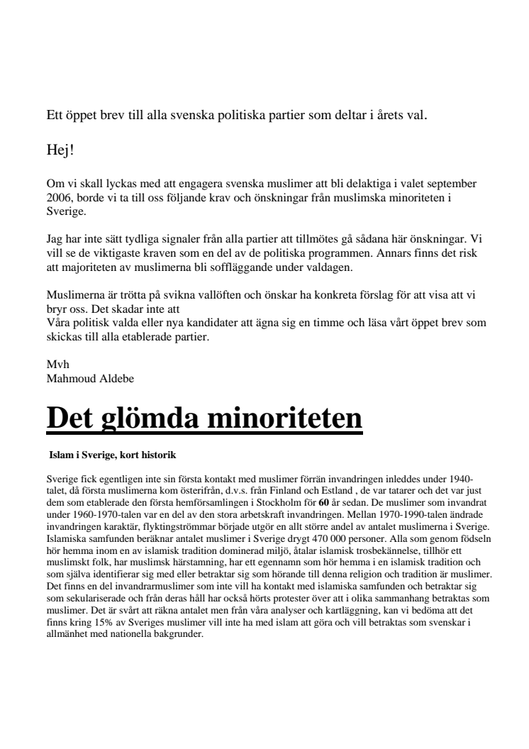 Brev från Sveriges Muslimska förbund