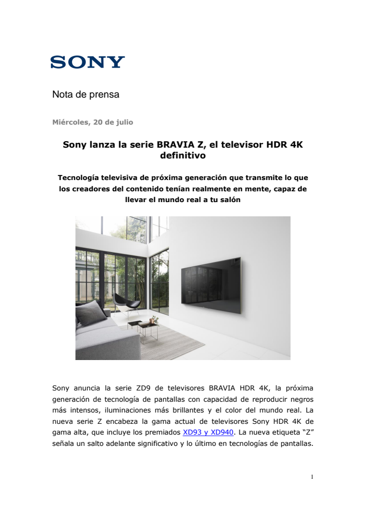 Sony lanza la serie BRAVIA Z, el televisor HDR 4K definitivo 