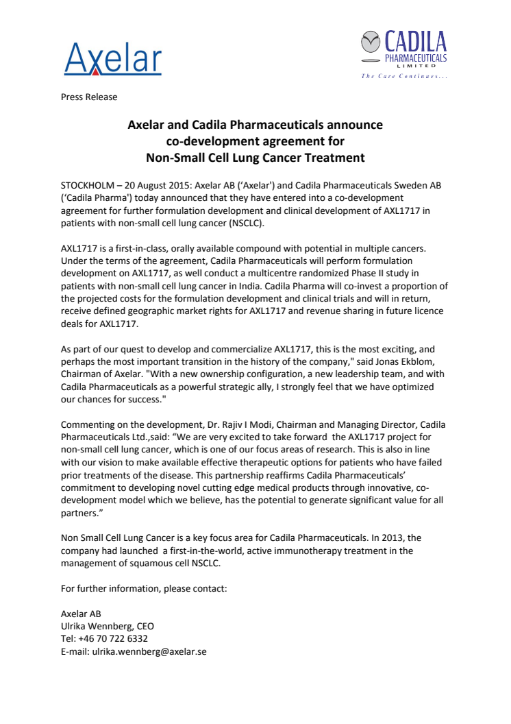 Axelar and Cadila Pharmaceuticals announce co-development agreement for Non-Small Cell Lung Cancer Treatment