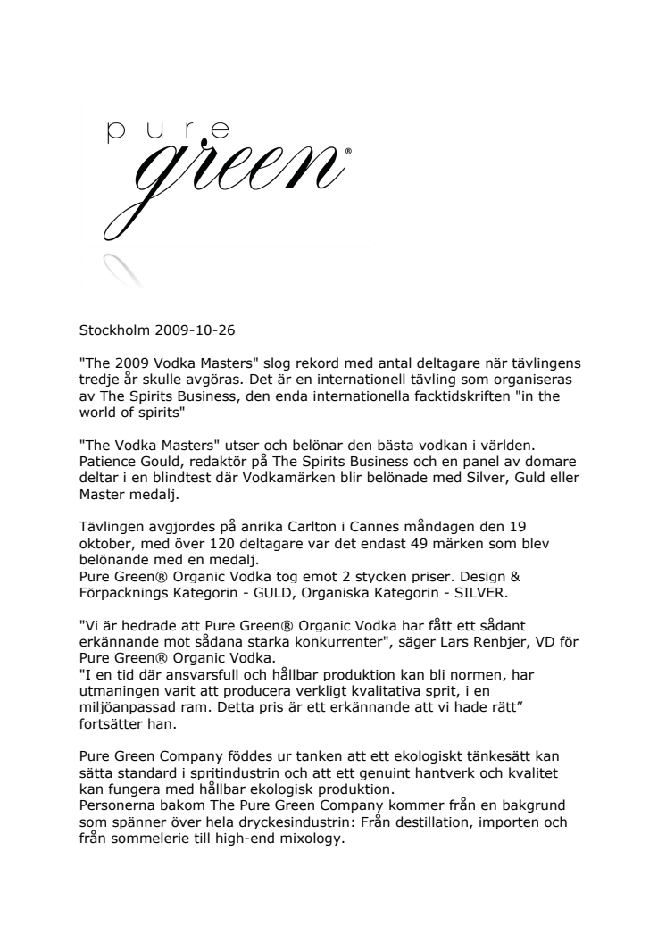 Guld och Silver till Pure Green® Organic Vodka i Cannes