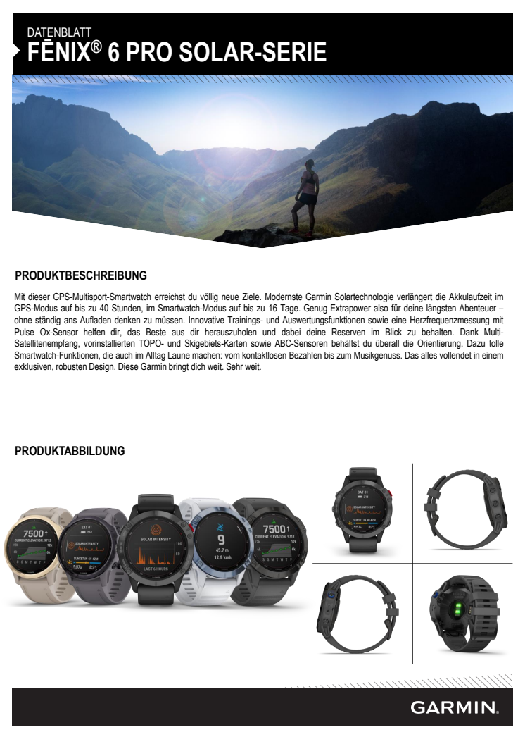 Garmin Datenblatt fenix 6 Pro Solar-Serie FH