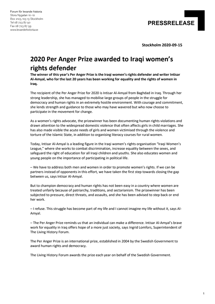 Pressrelease Per Anger Prize 15 September English