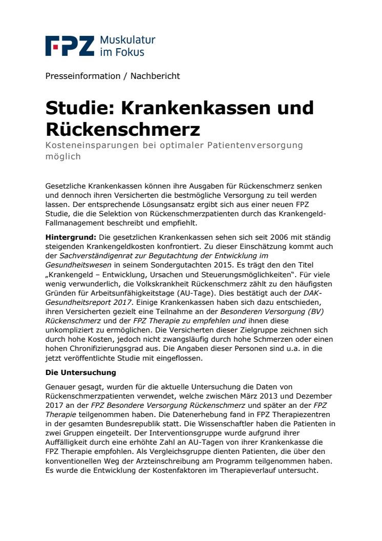 Studie: Krankenkassen und Rückenschmerz - Kosteneinsparungen bei optimaler Patientenversorgung möglich