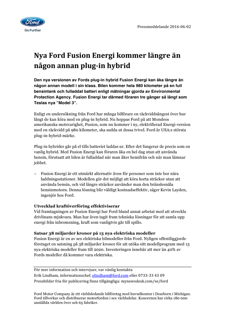 Nya Ford Fusion Energi kommer längre än någon annan plug-in hybrid