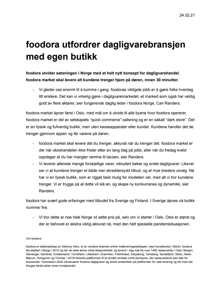 foodora utfordrer dagligvarebransjen med egen butikk