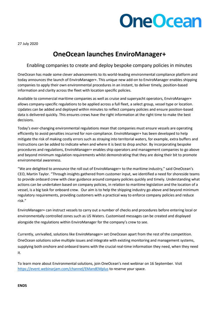 OneOcean launches EnviroManager+