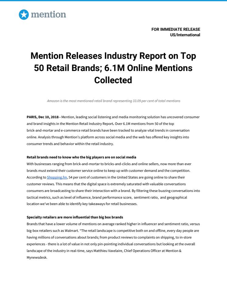 Mention Releases Social Report on Global Retail Industry; 6.1M Online Mentions  Collected