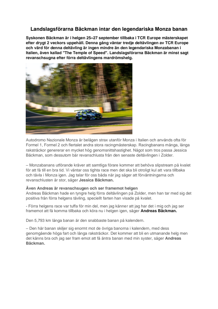 Landslagsförarna Bäckman intar den legendariska Monza banan