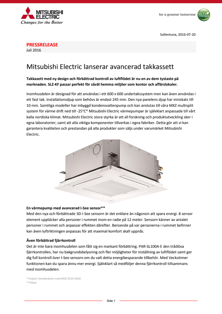 Mitsubishi Electric lanserar avancerad takkassett 