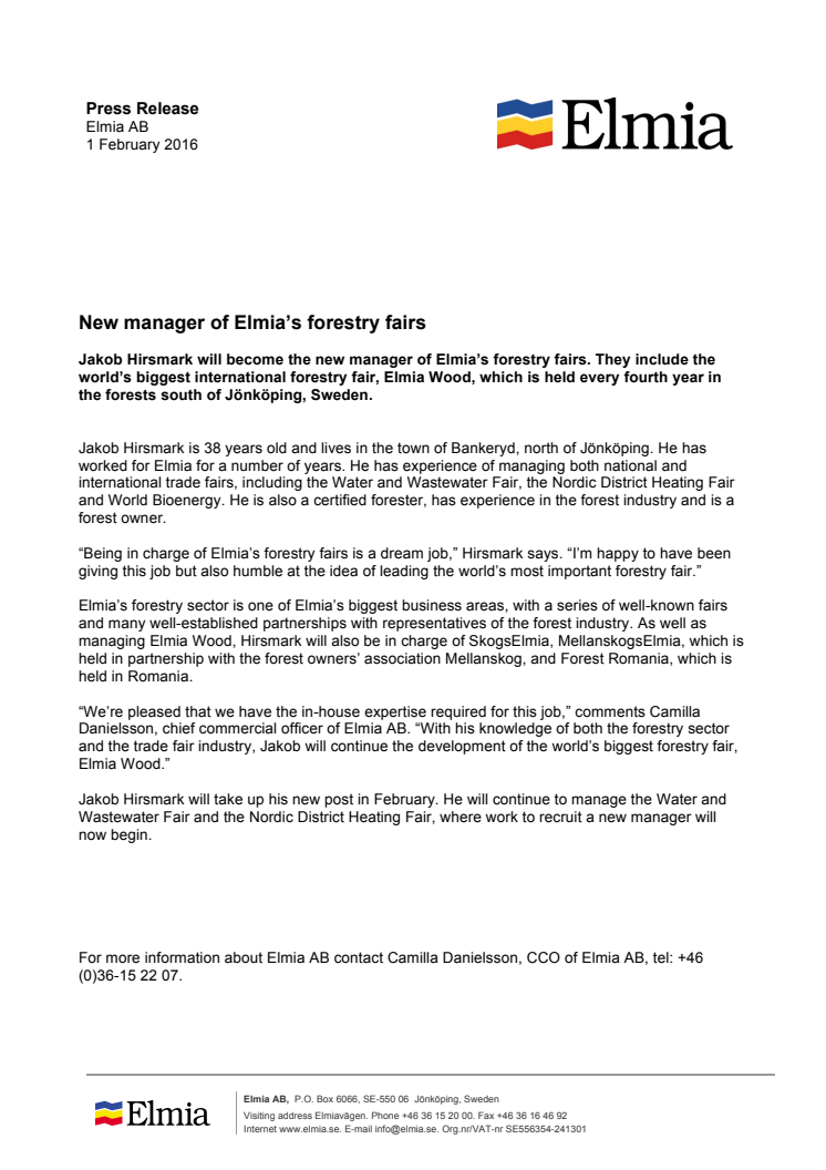 New manager of Elmia’s forestry fairs, Press Release, English version