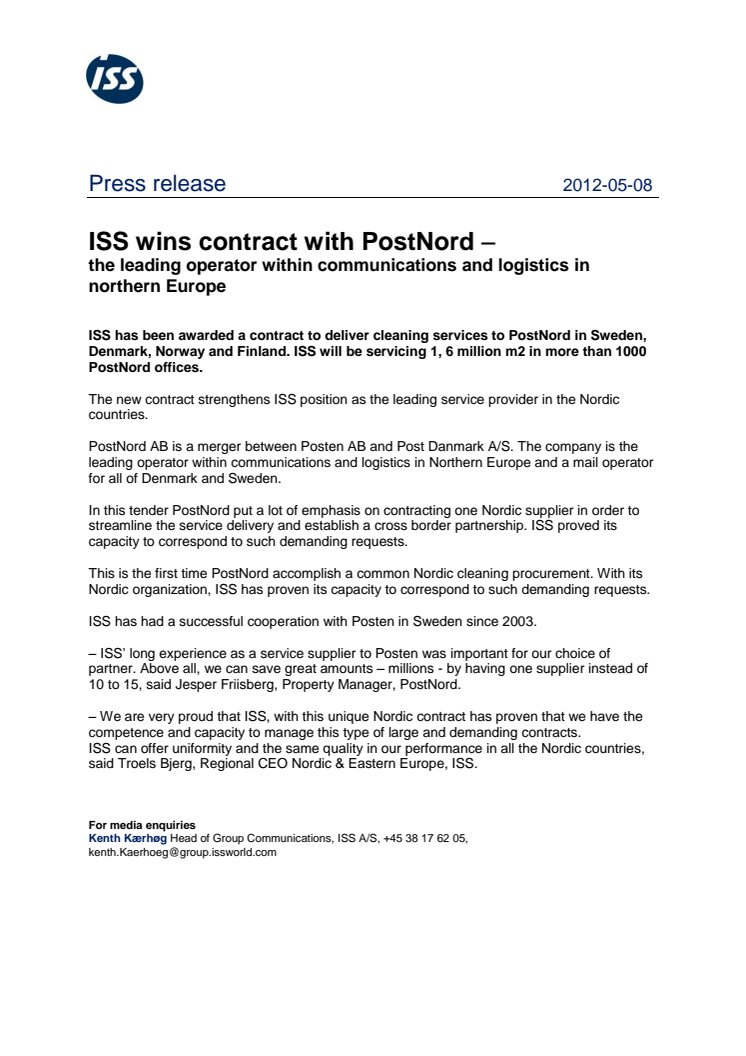 ISS wins contract with PostNord – the leading operator within communications and logistics in northern Europe