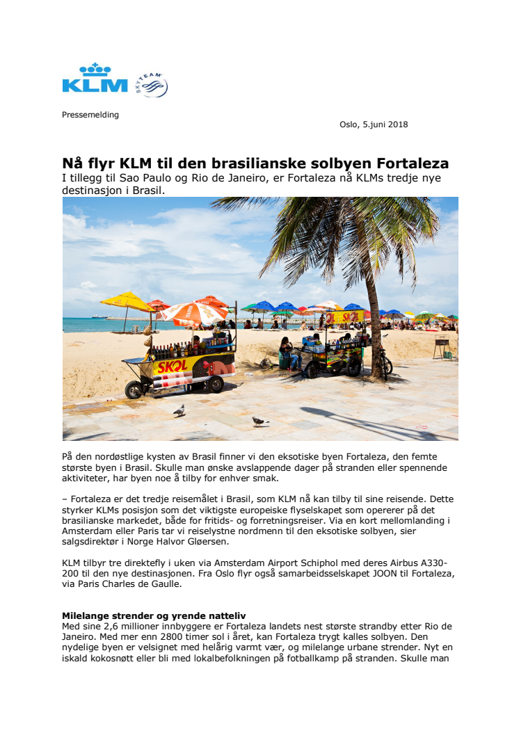  Nå flyr KLM til den brasilianske solbyen Fortaleza