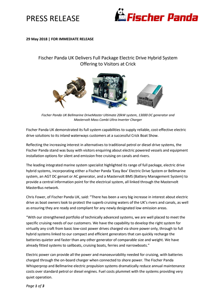 Fischer Panda UK Delivers Full Package Electric Drive Hybrid System Offering to Visitors at Crick