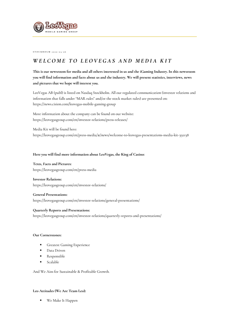 ​Welcome to LeoVegas and Media Kit