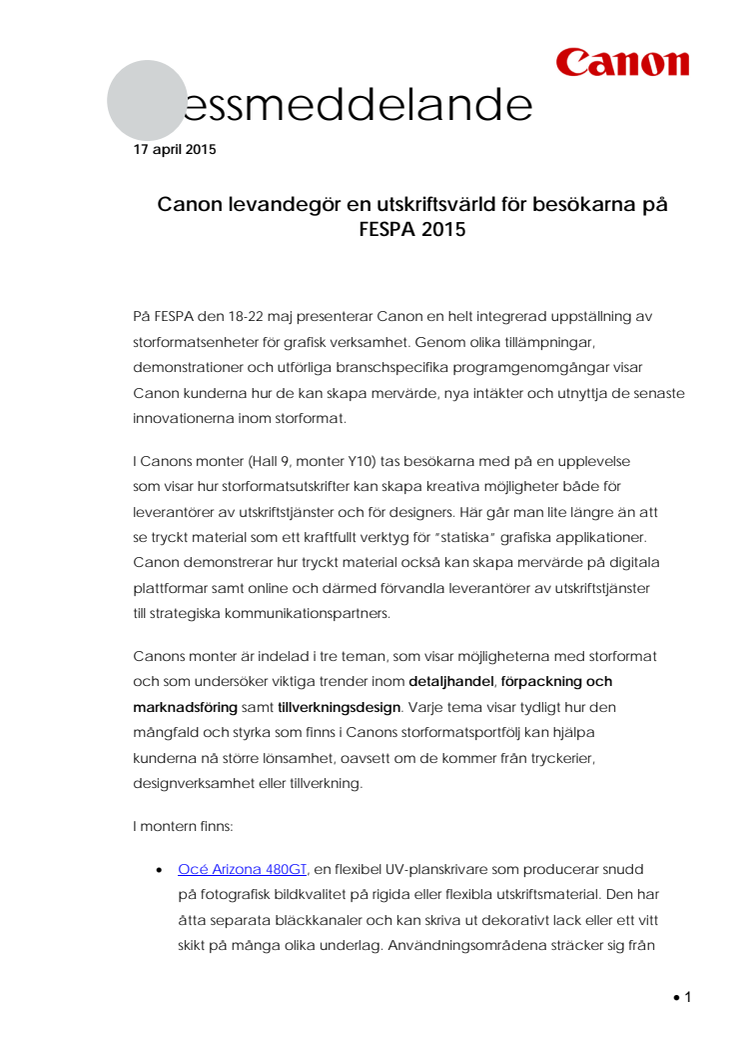 Canon levandegör en utskriftsvärld för besökarna på FESPA 2015