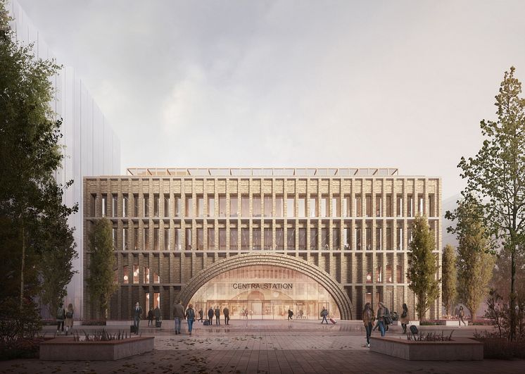 Visionsbild för det nya stationshuset_Bild Reiulf Ramstad Arkitekter. 