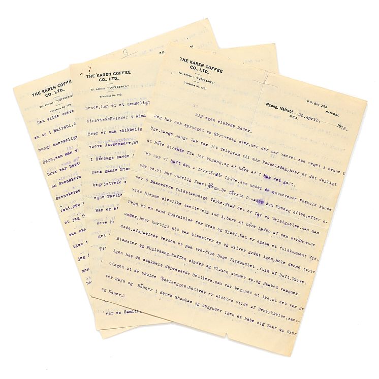 Autographed letter by Karen Blixen to her mother. Nairobi 1918.