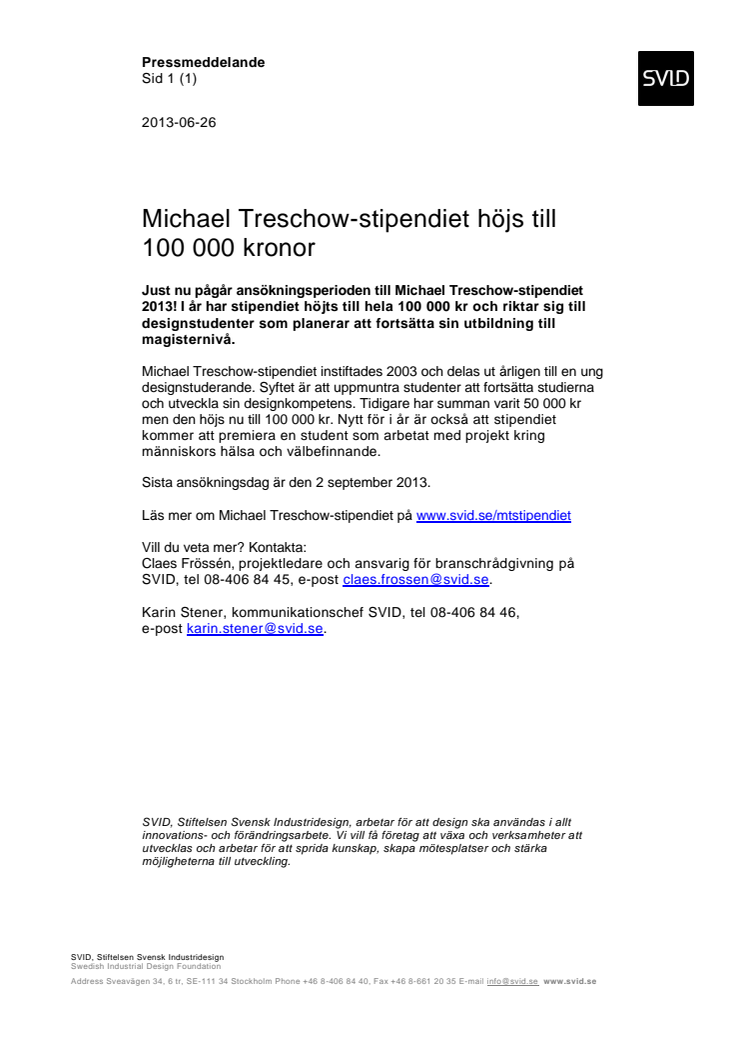 Michael Treschow-stipendiet höjs till 100 000 kronor