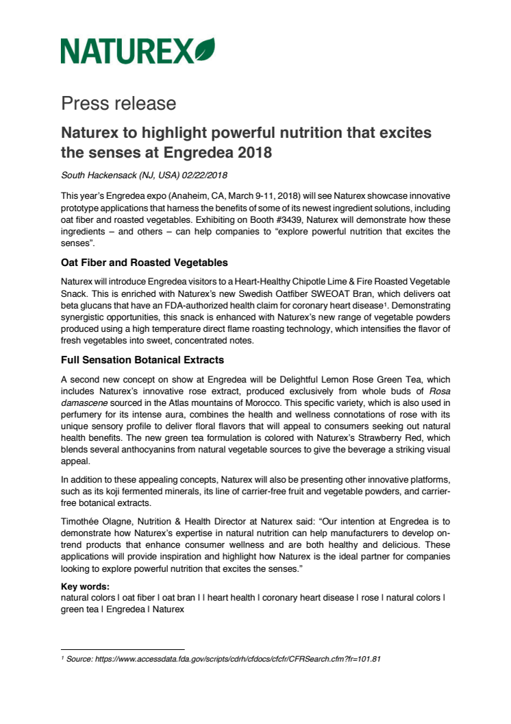 Press release – Naturex to highlight powerful nutrition that excites the senses at Engredea 2018
