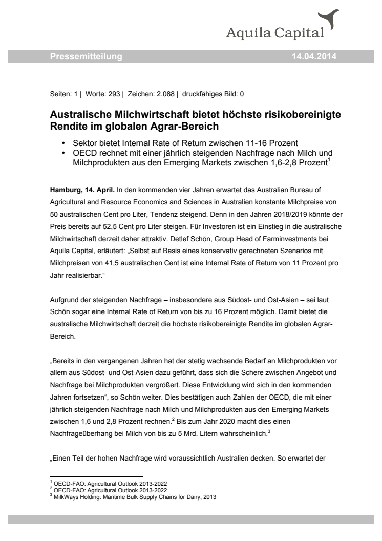 Australische Milchwirtschaft bietet höchste risikobereinigte Rendite im globalen Agrar-Bereich