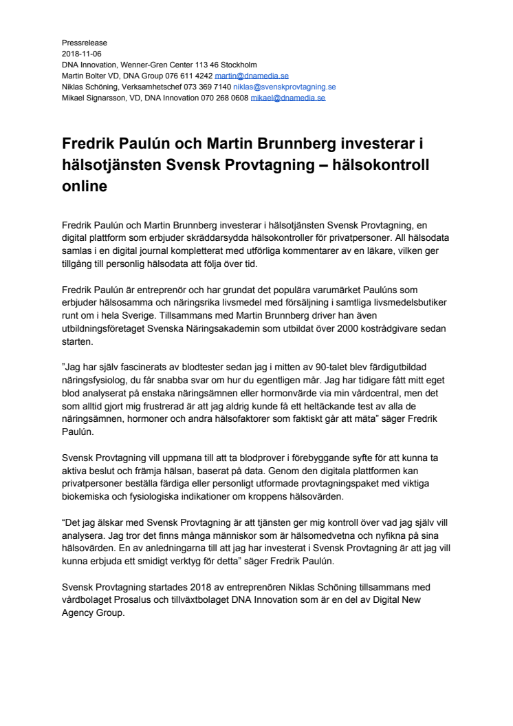 ​Fredrik Paulún och Martin Brunnberg investerar i hälsotjänsten Svensk Provtagning – hälsokontroll online