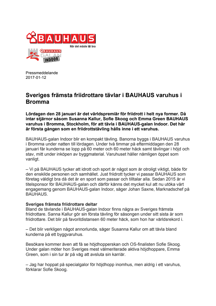 Sveriges främsta friidrottare tävlar i BAUHAUS varuhus i Bromma