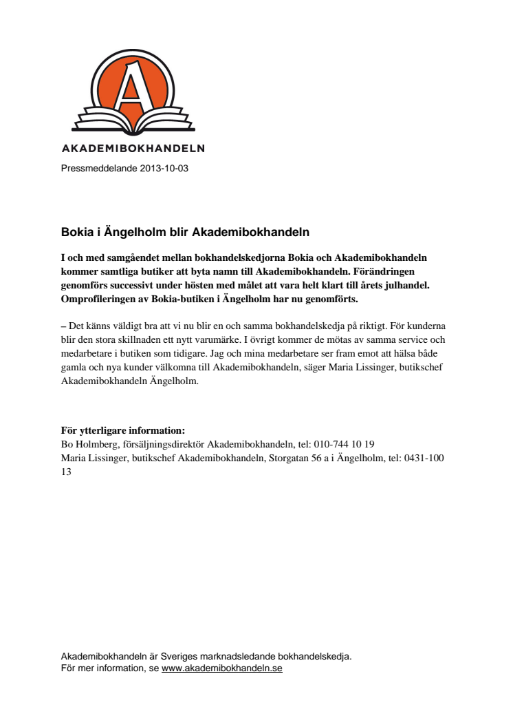 Bokia i Ängelholm blir Akademibokhandeln 