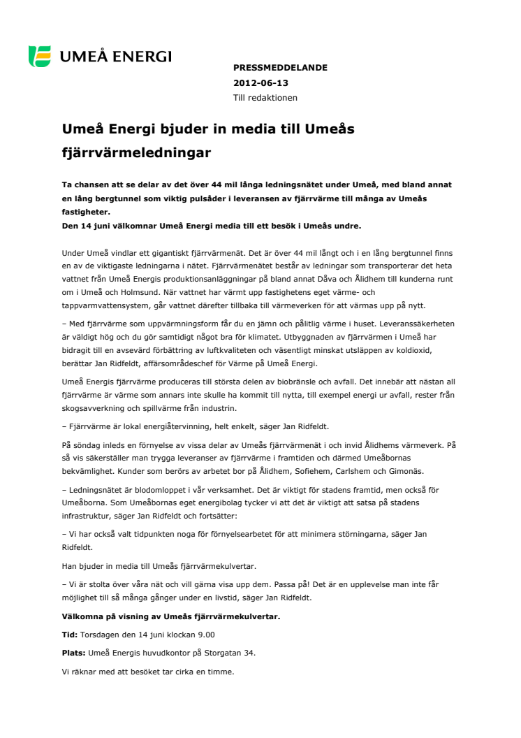 Umeå Energi bjuder in media till Umeås fjärrvärmeledningar