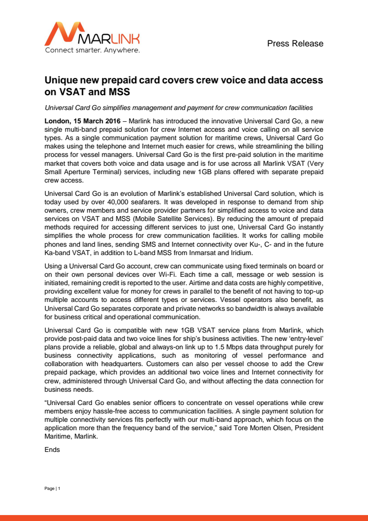 Marlink: Unique New Prepaid Card Covers Crew Voice and Data Access in VSAT and MSS