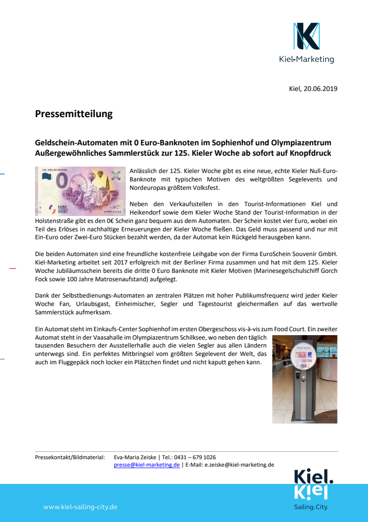 Null Euro Banknote zur 125. Kieler Woche - Das perfekte Souvenir aus dem Automaten