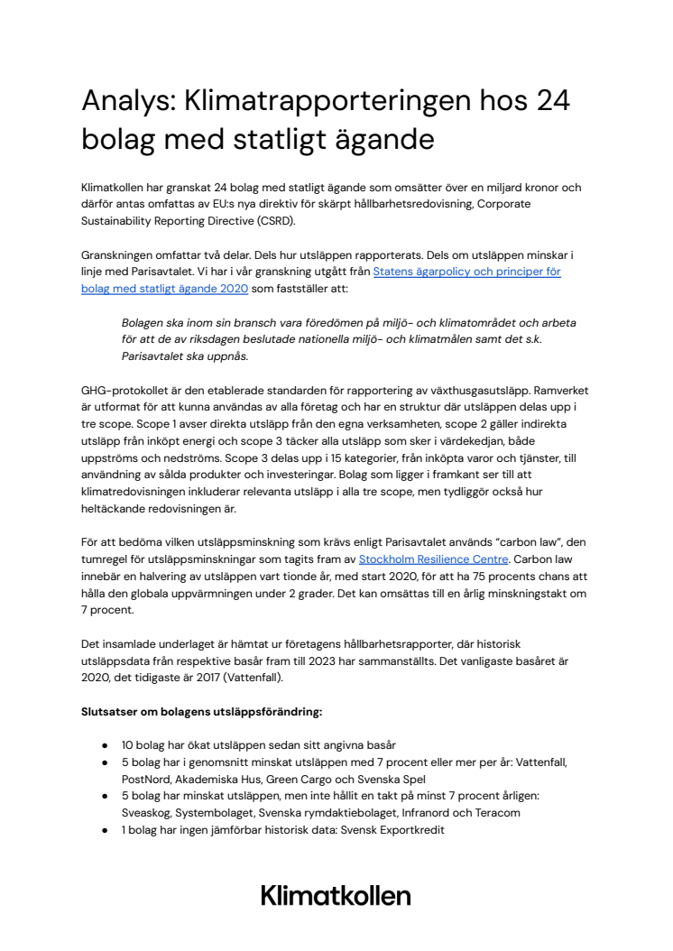 Analys: Klimatrapporteringen hos 24 bolag med statligt ägande