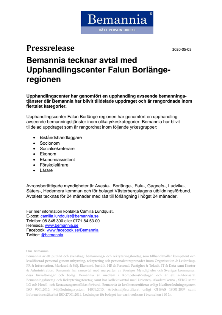 Bemannia tecknar avtal med Upphandlingscenter Falun Borlänge-regionen