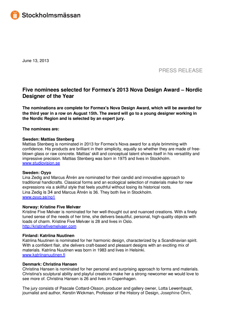 Five nominees selected for Formex's 2013 Nova Design Award – Nordic Designer of the Year