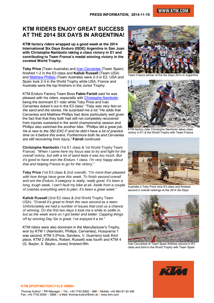 KTM RIDERS ENJOY GREAT SUCCESS AT THE 2014 SIX DAYS IN ARGENTINA!