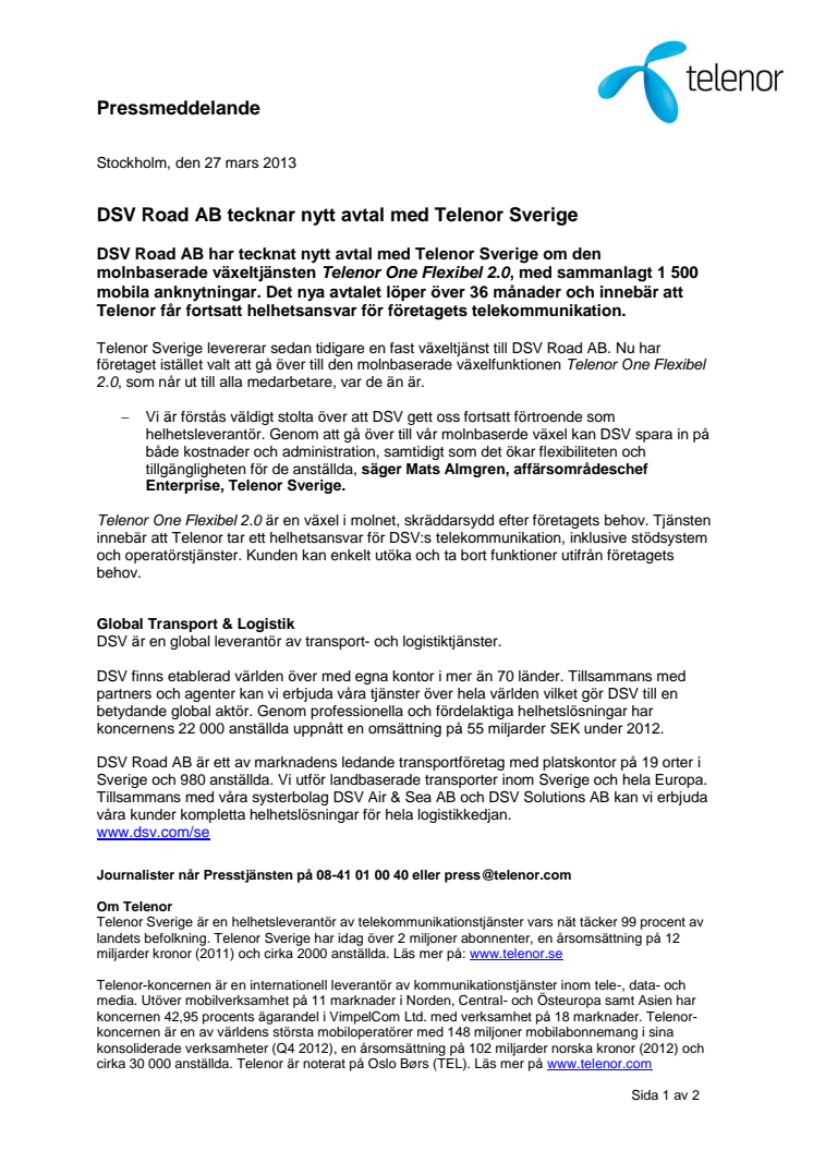 DSV Road AB tecknar nytt avtal med Telenor Sverige 