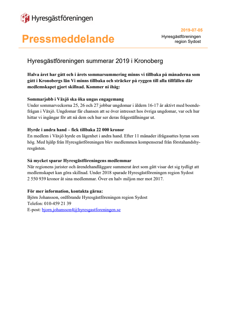​Hyresgästföreningen summerar 2019 i Kronoberg