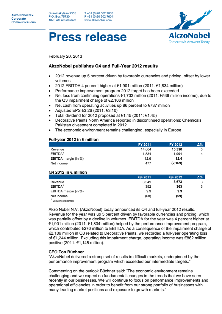 AkzoNobel publishes Q4 and Full-Year 2012 results