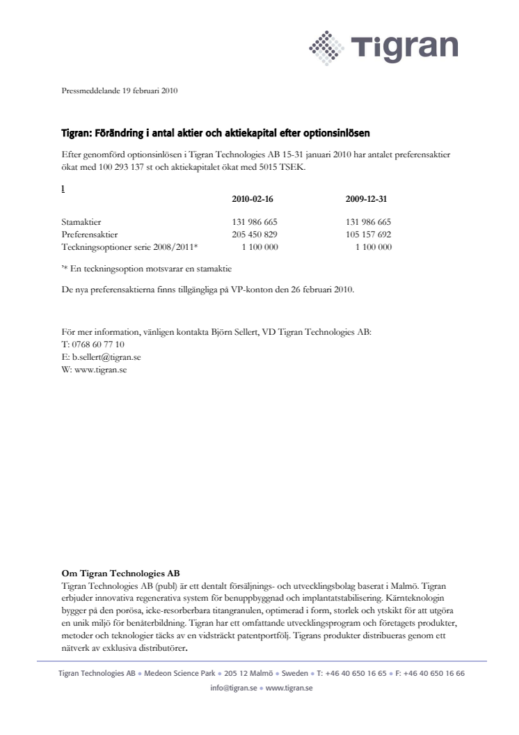 Tigran: Förändring i antal aktier och aktiekapital efter optionsinlösen