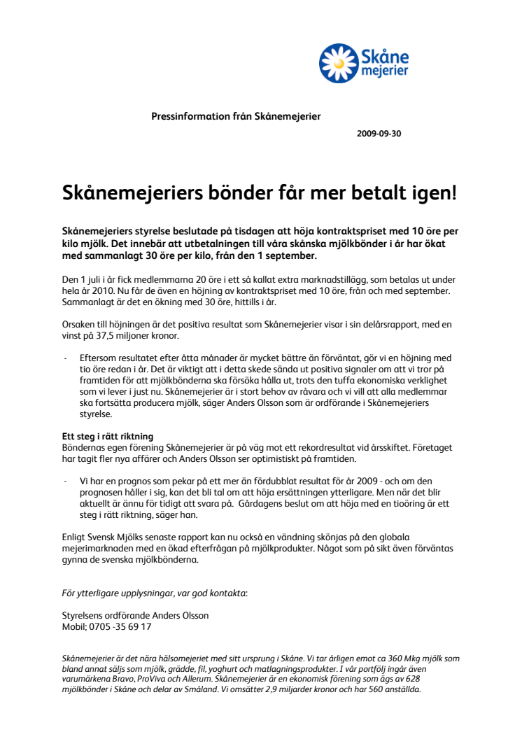 Skånemejeriers bönder får mer betalt igen!