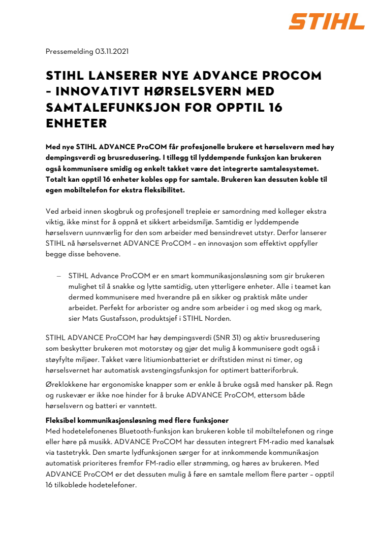 STIHL LANSERER NYE ADVANCE PROCOM   – INNOVATIVT HØRSELSVERN MED SAMTALEFUNKSJON FOR OPPTIL 16 ENHETER  .pdf