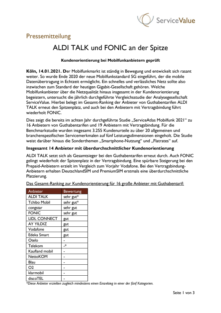 ALDI TALK und FONIC an der Spitze