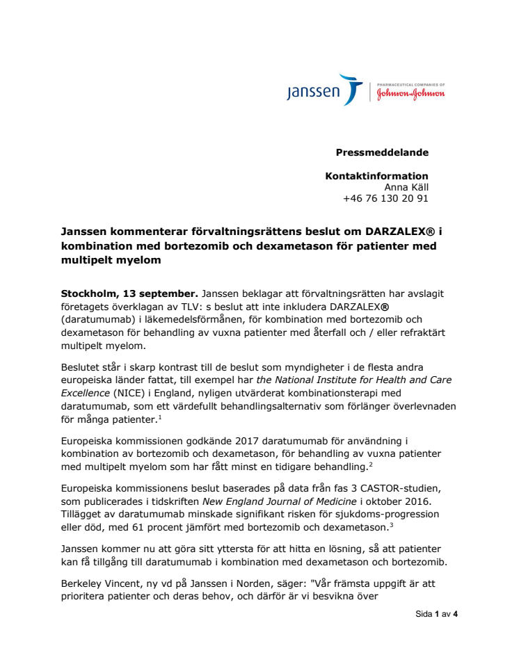 Janssen kommenterar förvaltningsrättens beslut om Darzalex i kombination med bortezomib och dexametason för patienter med multipelt myelom