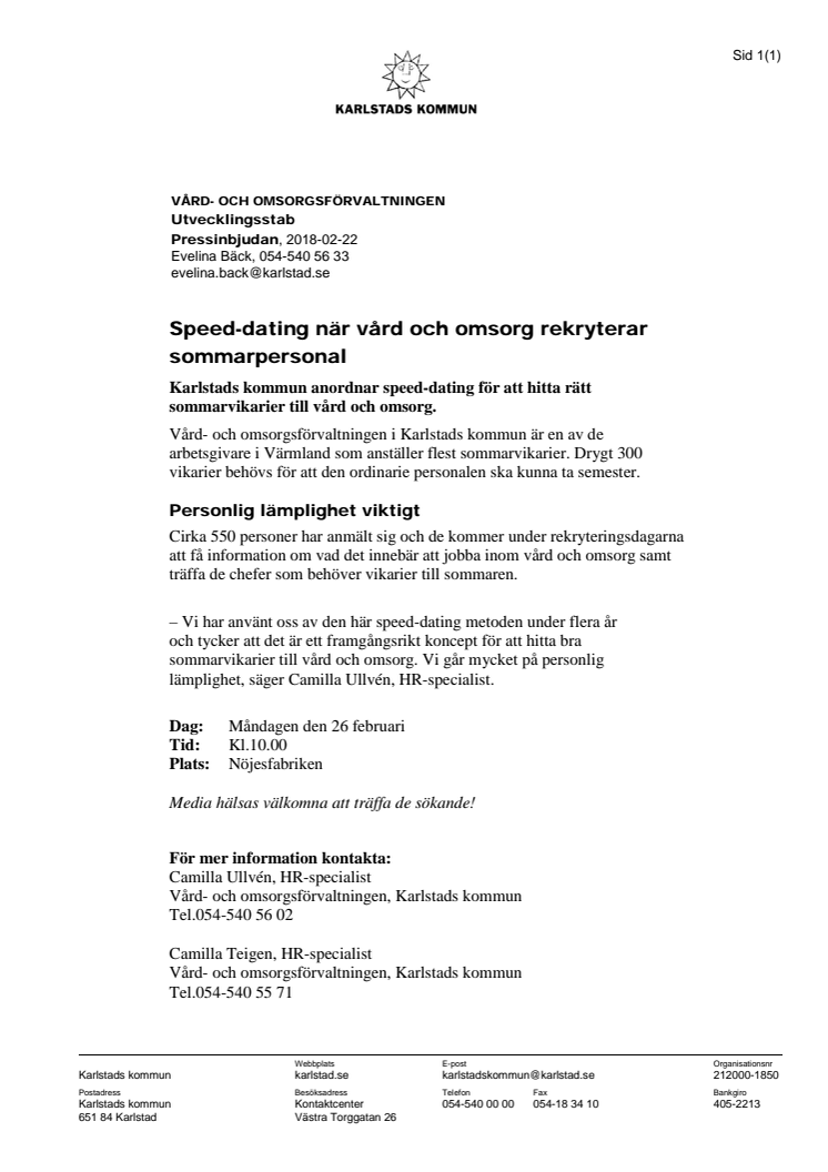 Pressinbjudan:  Speed-dating när vård och omsorg rekryterar sommarpersonal