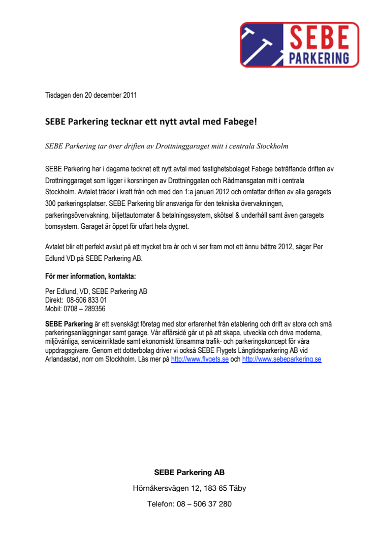 SEBE Parkering tecknar ett nytt avtal med Fabege!