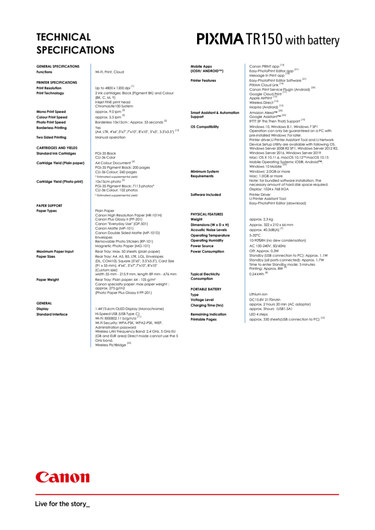 Specifications PIXMA TR150 WITH BATTERY