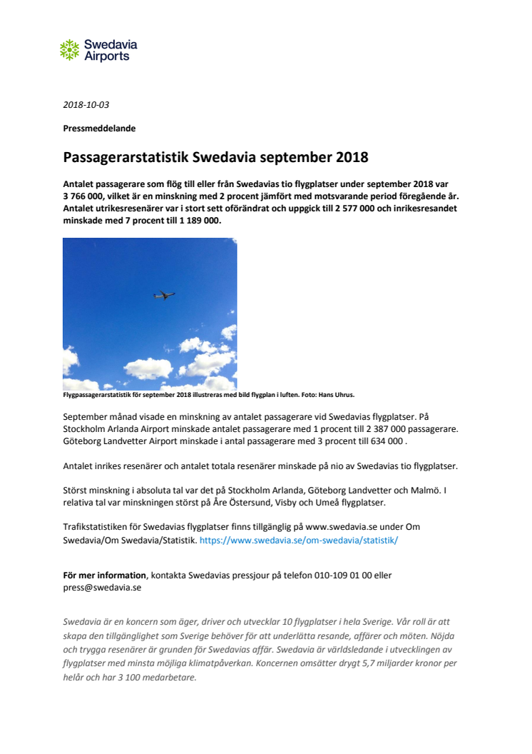 Passagerarstatistik Swedavia september 2018